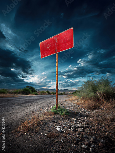 Obraz na płótnie A solitary, weathered red sign stands amid a desolate landscape, surrounded by dry vegetation and rocky terrain under a dramatic sky, evoking a sense of abandonment and mystery. w salonie