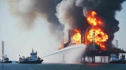 Fire boats extinguishing burning offshore oil rig platform