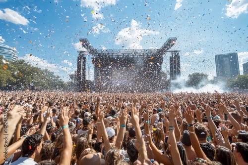 A crowd at a concert in front of the concept and stage. Generative AI