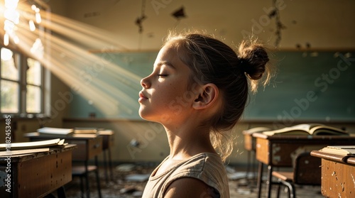 Child exploring emotions in a dusty classroom with sunlight streaming through windows in a forgotten school