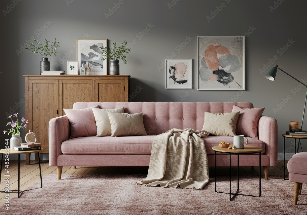 Obraz premium Pink sofa with pillows and a throw blanket in a living room setting with artwork