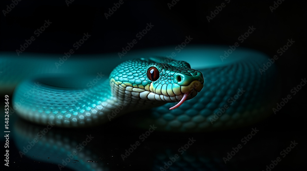 Fototapeta premium Close-up of a Blue Viper with Tongue Extended
