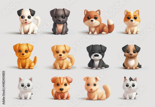 Cute funny cartoon dogs, 3d realistic puppy pet pictogram, dogs set on white background