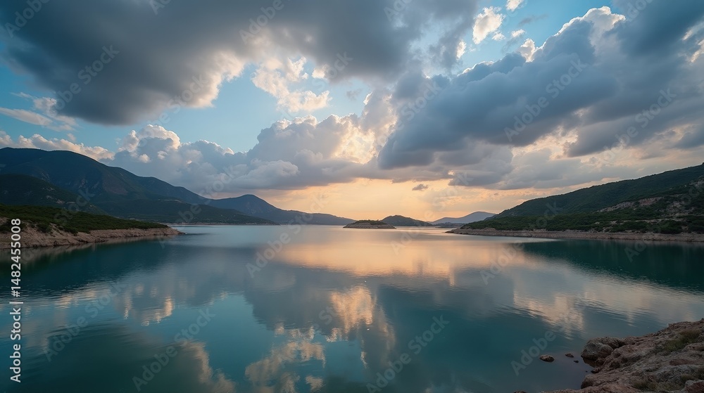 Obraz premium Panoramic scene of Lagunas de Neila at dawn with misty, cloudy morning light.