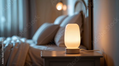 Warm bedside lamp illuminates a cozy bedroom with soft linens and a relaxing ambiance during evening hours