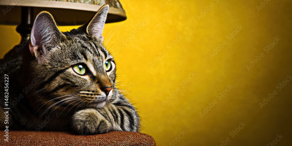 A beautifully captured moment of a tabby cat resting comfortably, radiating calmness against a vibrant yellow backdrop, showcasing its striking green eyes.