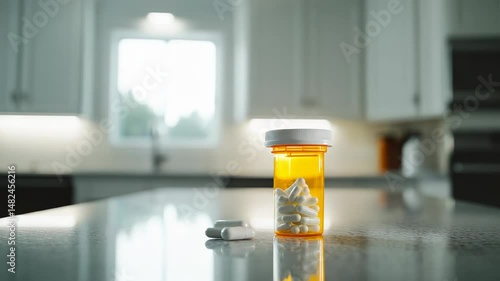 Pills in Container Standing on Countertop in Bright Kitchen Setting
