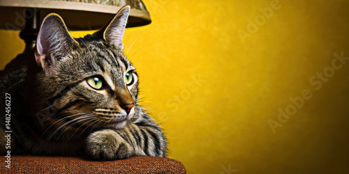 Obraz na płótnie A beautifully captured moment of a tabby cat resting comfortably, radiating calmness against a vibrant yellow backdrop, showcasing its striking green eyes. w salonie