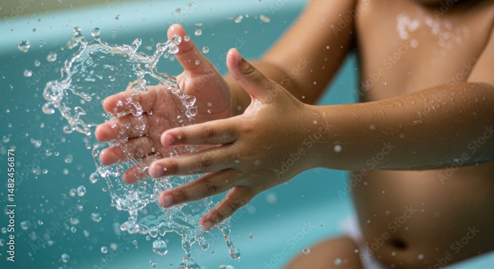 Fototapeta premium Close-up Asian child hands water play, Kid splashing tub, Simple fun texture, Childhood water game, Bright moment