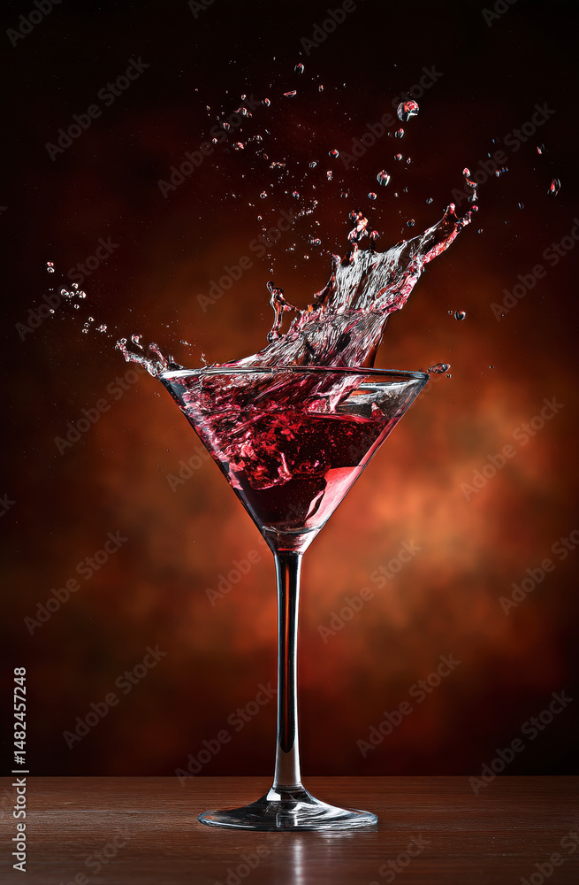 A dynamic martini glass captures a stunning splash of vibrant red liquid, showcasing the artistry of cocktail creation against a dramatic backdrop.