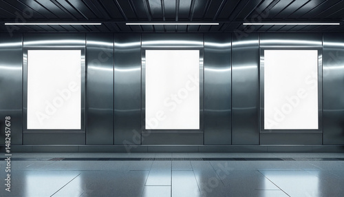 Three blank advertising posters mounted on a metallic wall in a modern subway system.  Mockup, empty billboard frames with free space for text. Ready for advertisement