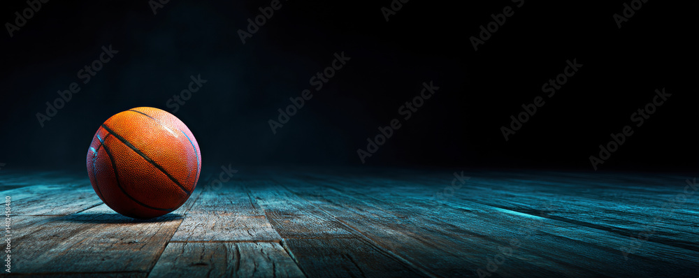 A solitary basketball rests on a rustic wooden floor, illuminated by soft blue lighting, evoking a sense of anticipation and the spirit of the game.