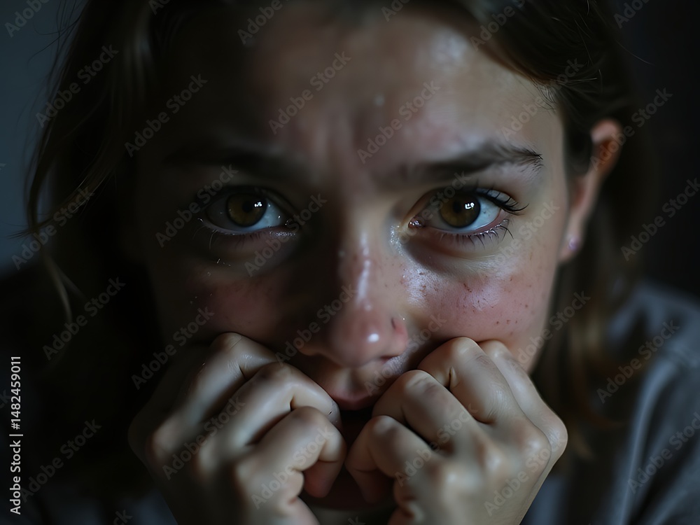 Young woman with hands on face, showing fear in dim light Young woman with hands on face, showing fear in dim light