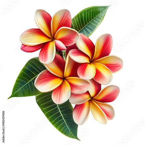 Arrangement of frangipani blossoms with leaves isolated on transparent background