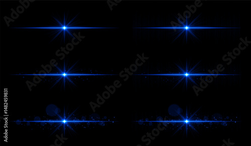 Light burst set. Blue glowing rays with sharp beams and horizontal flare. Clean composition with strong central point, perfect for energy or magic theme.