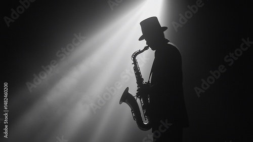 Silhouette of a jazz musician playing the saxophone under a spotlight