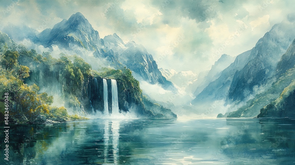 Fototapeta premium Majestic mountain lake landscape with cascading waterfalls