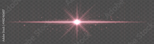 Horizontal light flare with glowing rays and floating sparkles on transparent background. Elegant vector glow effect for highlights, decoration, or festive design.