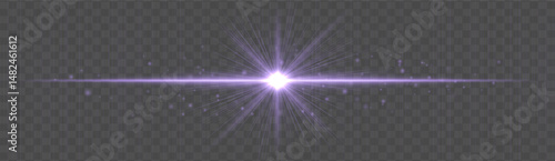 Horizontal light flare with glowing rays and floating sparkles on transparent background. Elegant vector glow effect for highlights, decoration, or festive design.