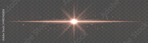 Horizontal light flare with glowing rays and floating sparkles on transparent background. Elegant vector glow effect for highlights, decoration, or festive design.