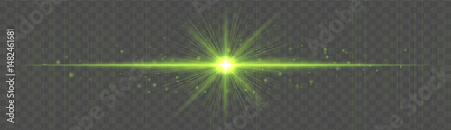 Horizontal light flare with glowing rays and floating sparkles on transparent background. Elegant vector glow effect for highlights, decoration, or festive design.