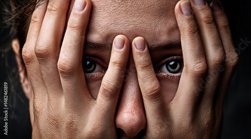 A poignant expression of vulnerability reflects in the subject's eyes, symbolizing fear and hesitation.