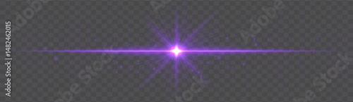 Horizontal light flare with glowing rays and floating sparkles on transparent background. Elegant vector glow effect for highlights, decoration, or festive design.