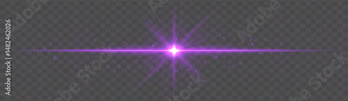 Horizontal light flare with glowing rays and floating sparkles on transparent background. Elegant vector glow effect for highlights, decoration, or festive design.