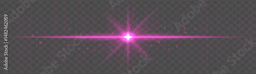 Horizontal light flare with glowing rays and floating sparkles on transparent background. Elegant vector glow effect for highlights, decoration, or festive design.