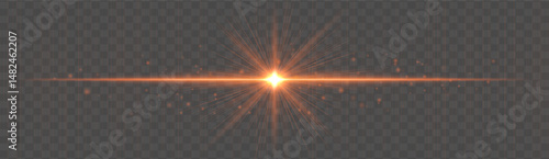 Horizontal light flare with glowing rays and floating sparkles on transparent background. Elegant vector glow effect for highlights, decoration, or festive design.