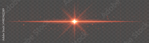 Horizontal light flare with glowing rays and floating sparkles on transparent background. Elegant vector glow effect for highlights, decoration, or festive design.