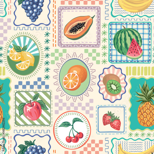 Cherry, strawberry, pineapple, apple, kiwi, orange, grape, banana, watermelon, lemon, papaya fruits in the frames seamless pattern.. Summer patchwork boho wallpaper.