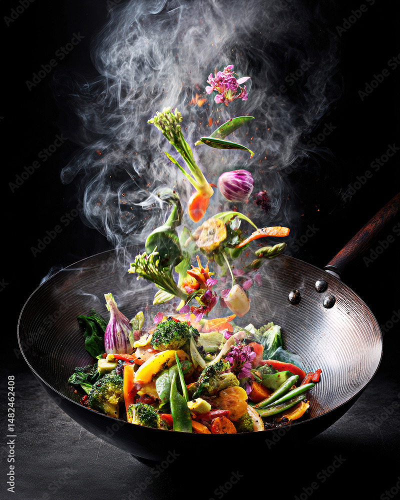 A vibrant medley of fresh vegetables leaps from a wok, enveloped in wisps of steam, showcasing a culinary masterpiece that celebrates color and flavor in every bite.