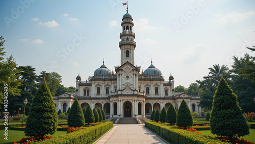 Tall Islamic minaret adorned with carvings, rising above a lush garden courtyard, sunlight casting shadows on the marble walls