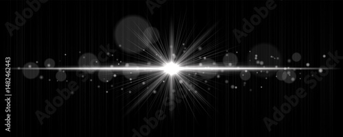 Vibrant light flare with glowing rays and soft bokeh particles on black background. Stylish horizontal vector glow effect for digital highlights and cinematic designs.