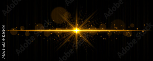 Vibrant light flare with glowing rays and soft bokeh particles on black background. Stylish horizontal vector glow effect for digital highlights and cinematic designs.
