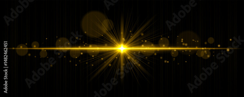 Vibrant light flare with glowing rays and soft bokeh particles on black background. Stylish horizontal vector glow effect for digital highlights and cinematic designs.
