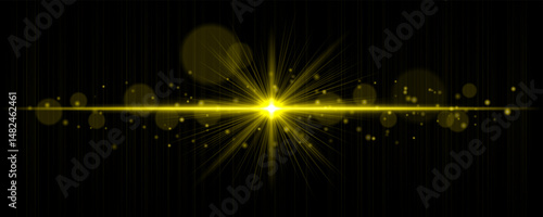 Vibrant light flare with glowing rays and soft bokeh particles on black background. Stylish horizontal vector glow effect for digital highlights and cinematic designs.
