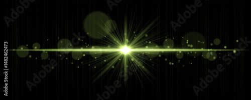 Vibrant light flare with glowing rays and soft bokeh particles on black background. Stylish horizontal vector glow effect for digital highlights and cinematic designs.