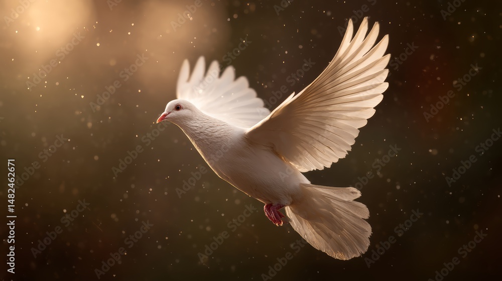 Fototapeta premium White dove in flight, wings spread, golden bokeh background, ethereal light, soft focus, magical atmosphere, particles of light, spiritual symbolism, peaceful scene, heavenly glow