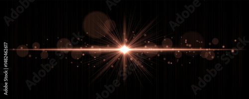 Vibrant light flare with glowing rays and soft bokeh particles on black background. Stylish horizontal vector glow effect for digital highlights and cinematic designs.