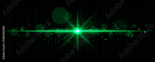 Vibrant light flare with glowing rays and soft bokeh particles on black background. Stylish horizontal vector glow effect for digital highlights and cinematic designs.