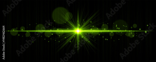 Vibrant light flare with glowing rays and soft bokeh particles on black background. Stylish horizontal vector glow effect for digital highlights and cinematic designs.