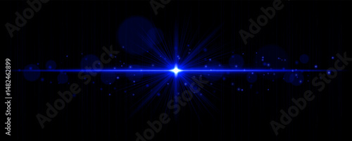 Vibrant light flare with glowing rays and soft bokeh particles on black background. Stylish horizontal vector glow effect for digital highlights and cinematic designs.