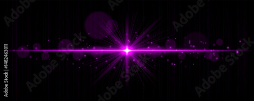 Vibrant light flare with glowing rays and soft bokeh particles on black background. Stylish horizontal vector glow effect for digital highlights and cinematic designs.