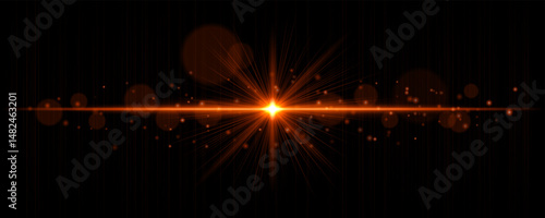 Vibrant light flare with glowing rays and soft bokeh particles on black background. Stylish horizontal vector glow effect for digital highlights and cinematic designs.