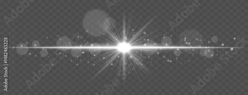Light flare with horizontal glow rays and soft bokeh sparkles on transparent background. Elegant vector effect for festive, cinematic, or digital design.