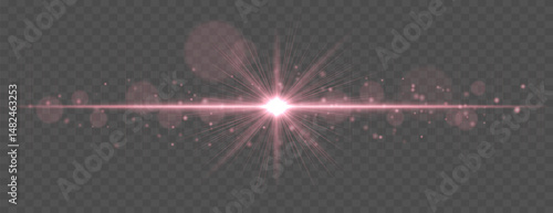 Light flare with horizontal glow rays and soft bokeh sparkles on transparent background. Elegant vector effect for festive, cinematic, or digital design.