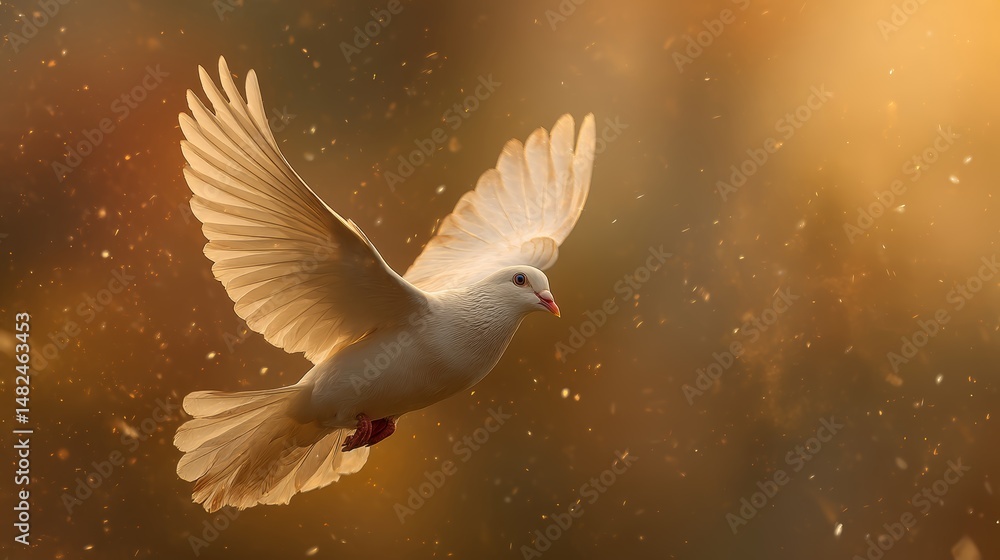 Fototapeta premium White dove in flight, wings spread, golden bokeh background, ethereal light, soft focus, magical atmosphere, particles of light, spiritual symbolism, peaceful scene, heavenly glow