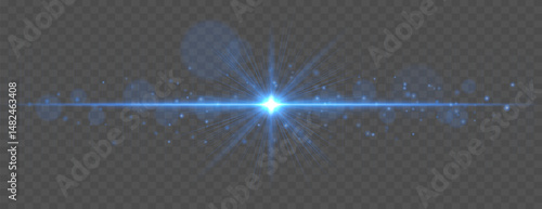 Light flare with horizontal glow rays and soft bokeh sparkles on transparent background. Elegant vector effect for festive, cinematic, or digital design.